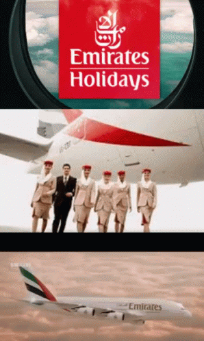 Emirates Holidays Poster With Flight Attendants And Airplane GIF