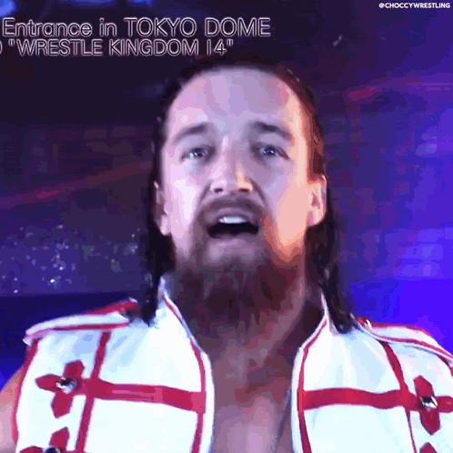 entrance in tokyo dome wrestle kingdom 14 written above a man 's head