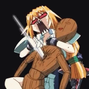 Excel Saga Stabbing A Wooden Mannequin GIF