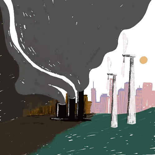 Factory Smoke and Windmills Drawing