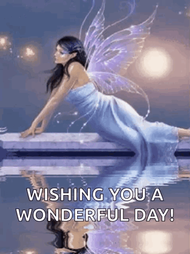 Fairy Blue Dress Purple Wings On Wall Overlooking Water GIF