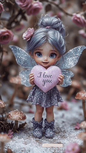 Fairy Doll Holding Pink Heart I Love You GIF