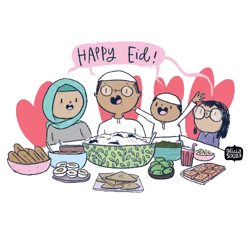 Family Sitting With Food And Happy Eid