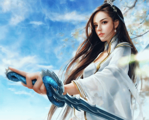 Fantasy Art Woman Holding Blue Dragon Sword GIF
