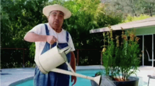 Fat Man Gardening Poolside GIF