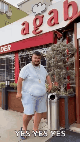 Fat Man in Front of Restaurant With Trash Can