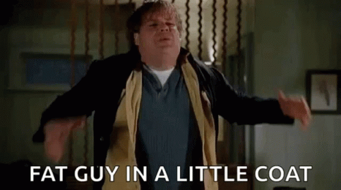 Fat Man In Little Coat Standing GIF