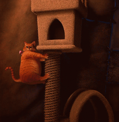 Fat Puss In Boots Descending From Cat House GIF