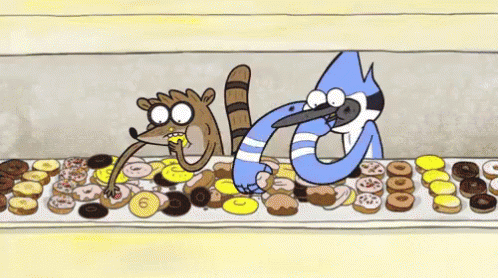 Fat Tuesday Cartoon Animals Chomping Donuts GIF