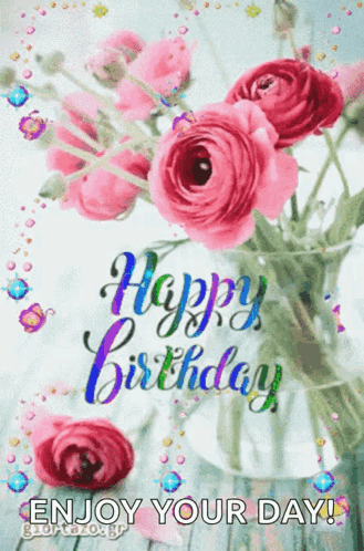 Female Celebrant Happy Birthday Pink Roses GIF