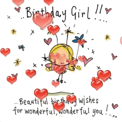 Female Happy Birthday Red Hearts Blooming GIF