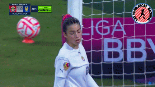 Female Soccer Player in Front of Liga BB Logo