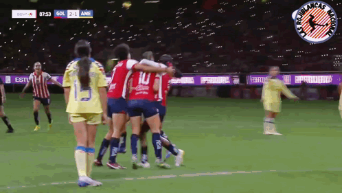 Female Soccer Players Celebrate Goal