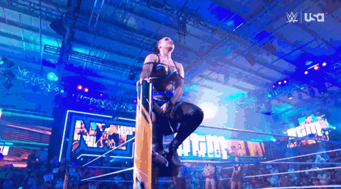 Female Wrestler on Rope in Ring with USA Logo