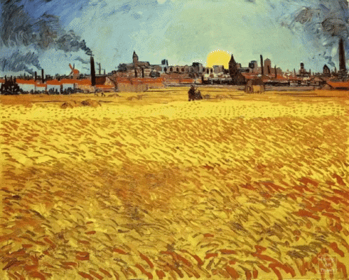 Field and City With Sun Through Clouds