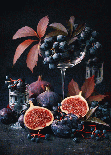 Figs Grapes and Leaves in Wine Glass