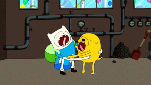 Finn and Jake Hugging with Clocks on Wall