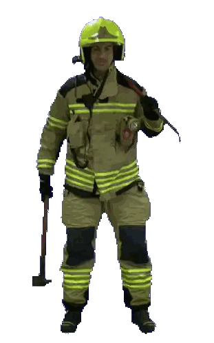 Firefighter with Yellow Helmet Holding Hammer and Flashlight