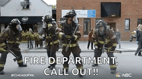 Firefighters Standing With Fire Department Call Out Sign GIF