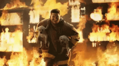 Fireman Running Through Burning Building Holding Two Puppies GIF