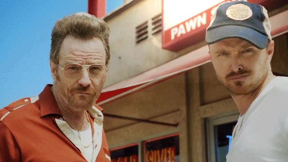 Bryan Cranston And Aaron Paul Fist Bump In Pawn Shop GIF
