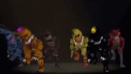 Five Nights At Freddy 'S Characters Are Dancing Together In A Dark Room . GIF
