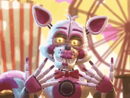 Five Nights At Freddy 'S Foxy Is Sitting In Front Of A Ferris Wheel And Making A Peace Sign . GIF
