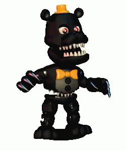 Five Nights At Freddy 'S Nightmare Foxy Is A Black Bear With A Yellow Hat And Bow Tie . GIF