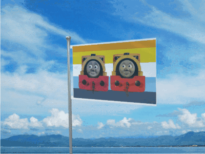 Flag With Two Train Faces GIF