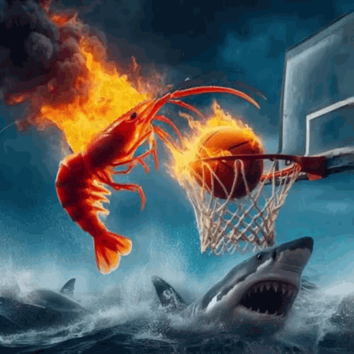 Flaming Shrimp Playing Basketball With Sharks