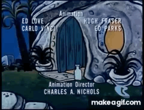 Flintstones House With Blue Door And Bottle Of Water GIF