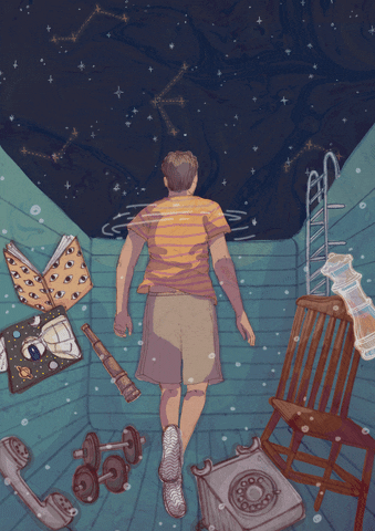 Floating Man And Objects Under Starry Night Sky GIF