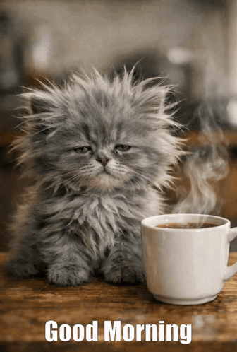 Fluffy Kitten Next to Coffee Cup Good Morning