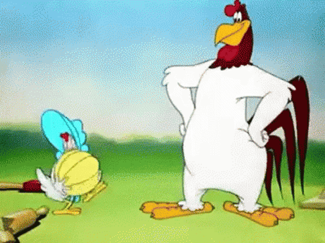 Foghorn Leghorn Observing Small Walking Chicken GIF