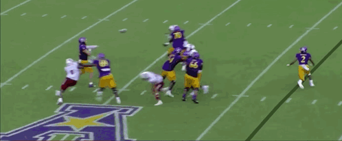 Football Game Players In Purple And Yellow Jerseys GIF