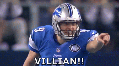 Football Player in Lions Jersey Pointing Saying Villain