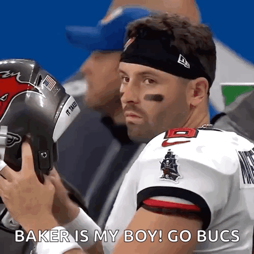 Football Player Saying Baker Is My Boy Go Bucs Putting On Helmet GIF
