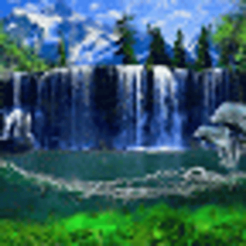 Forest Waterfall with Trees and Pond