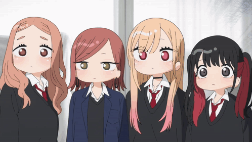 Four Anime Girls Standing and Looking at Camera