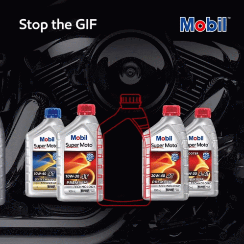 Four Bottles Of Mobil Super Moto Motor Oil Are Lined Up In Front Of A Motorcycle GIF
