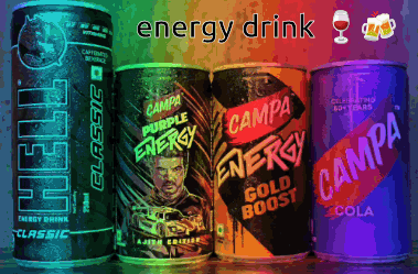 Four Cans Of Campa Energy Drink Are Lined Up GIF