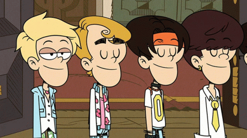 Four Cartoon Characters Are Standing Next To Each Other With One Wearing A Shirt That Says 0 GIF