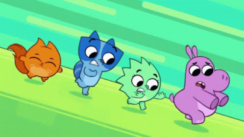 Four Cartoon Characters Running in a Line with Hippopotamus