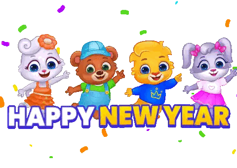 Four Cartoon Characters Saying Happy New Year
