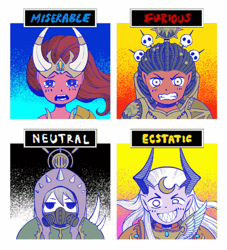 Four Cartoon Characters With The Words Miserable Neutral Furious And Ecstatic Above Them GIF