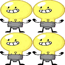 four cartoon light bulbs with arms and legs standing next to each other