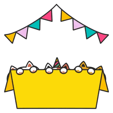 four cats peeking out of a yellow box with the words happy birthday written on it