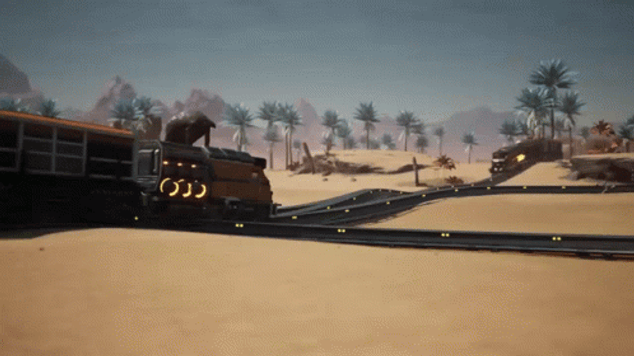 Four Clashing Train Crash In The Sand GIF