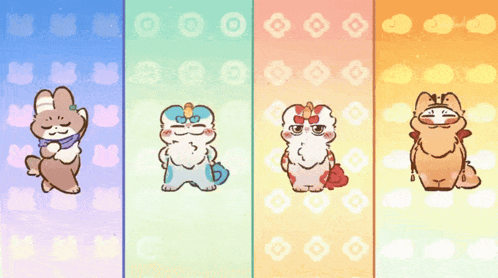 Four Different Cartoon Animals With Chinese Writing