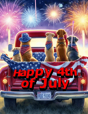 Four Dogs in Red Truck Happy 4th of July